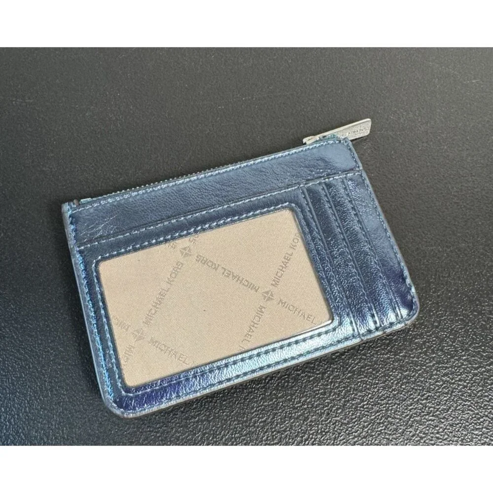 Michael Kors Jet Set Blue Metallic Leather Card Holder Zipper Pouch‎ Key Ring